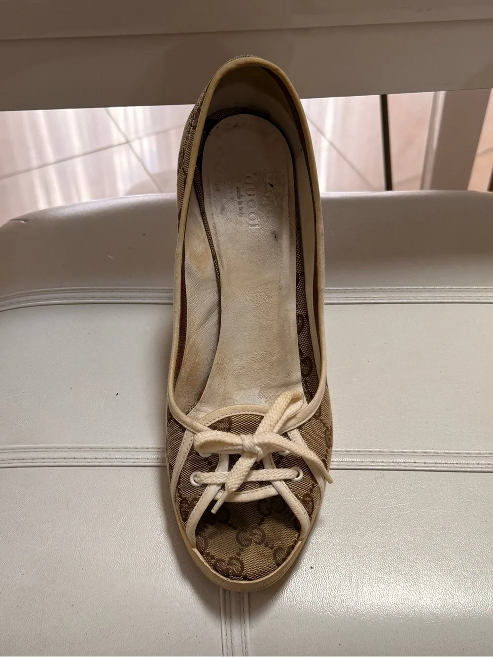 Gucci Brown Monogram Wedge Peep-Toe Pumps with Red-Green Web
